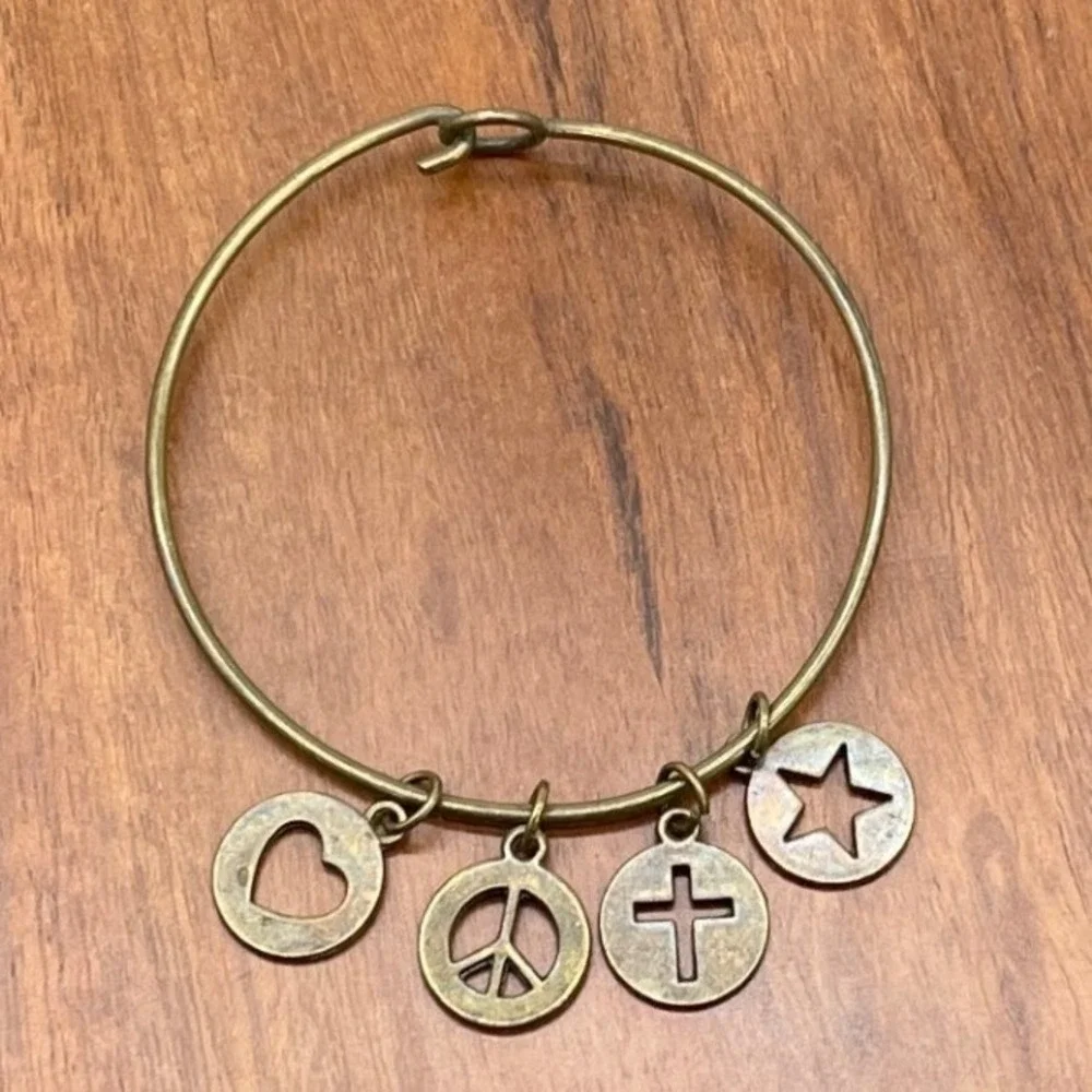 Bronze Tone Charm Bangle Bracelet Heart Peace Cross Star Boho Inspirational